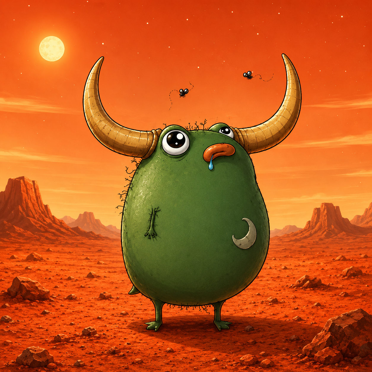 Bulltacio, a wide-eyed black raven against an acid green field